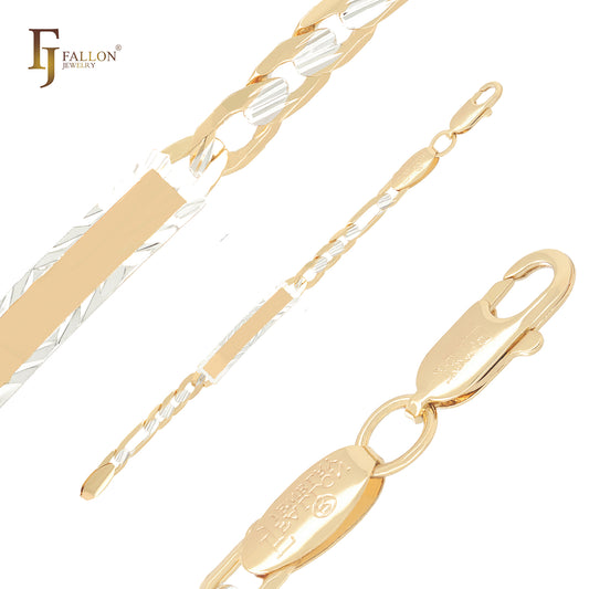 Pulseras de identificación para hombre de oro de 14 quilates en dos tonos con eslabones Figaro martillados