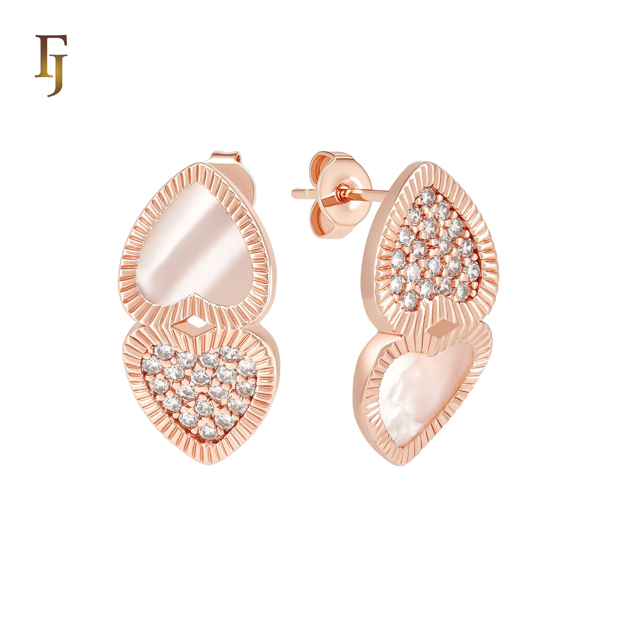 Hearty Heart double disc of white or black onyx and white CZs cluster 14K Gold, Rose Gold Stud Earrings