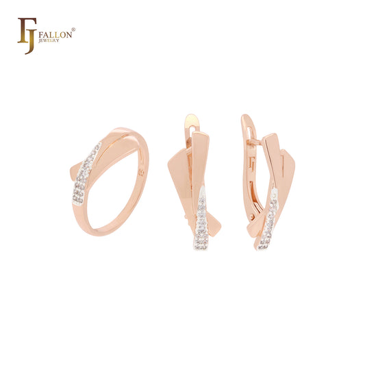 Conjunto de joyas de oro rosa de dos tonos con anillos y cintas triangulares entrelazadas con circonitas blancas