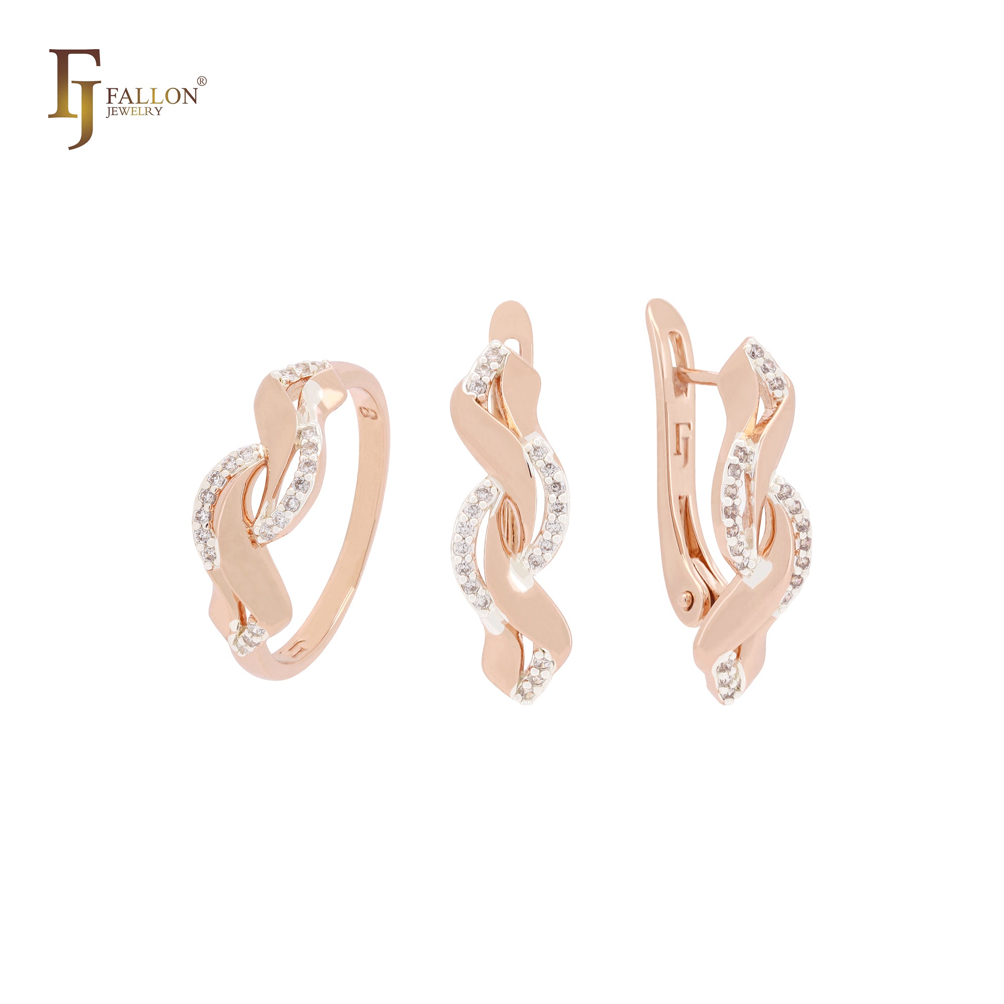 Conjunto de joyas de oro rosa de dos tonos con anillos y cintas retorcidas de circonitas blancas