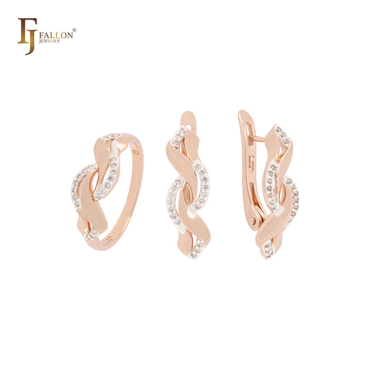 Conjunto de joyas de oro rosa de dos tonos con anillos y cintas retorcidas de circonitas blancas