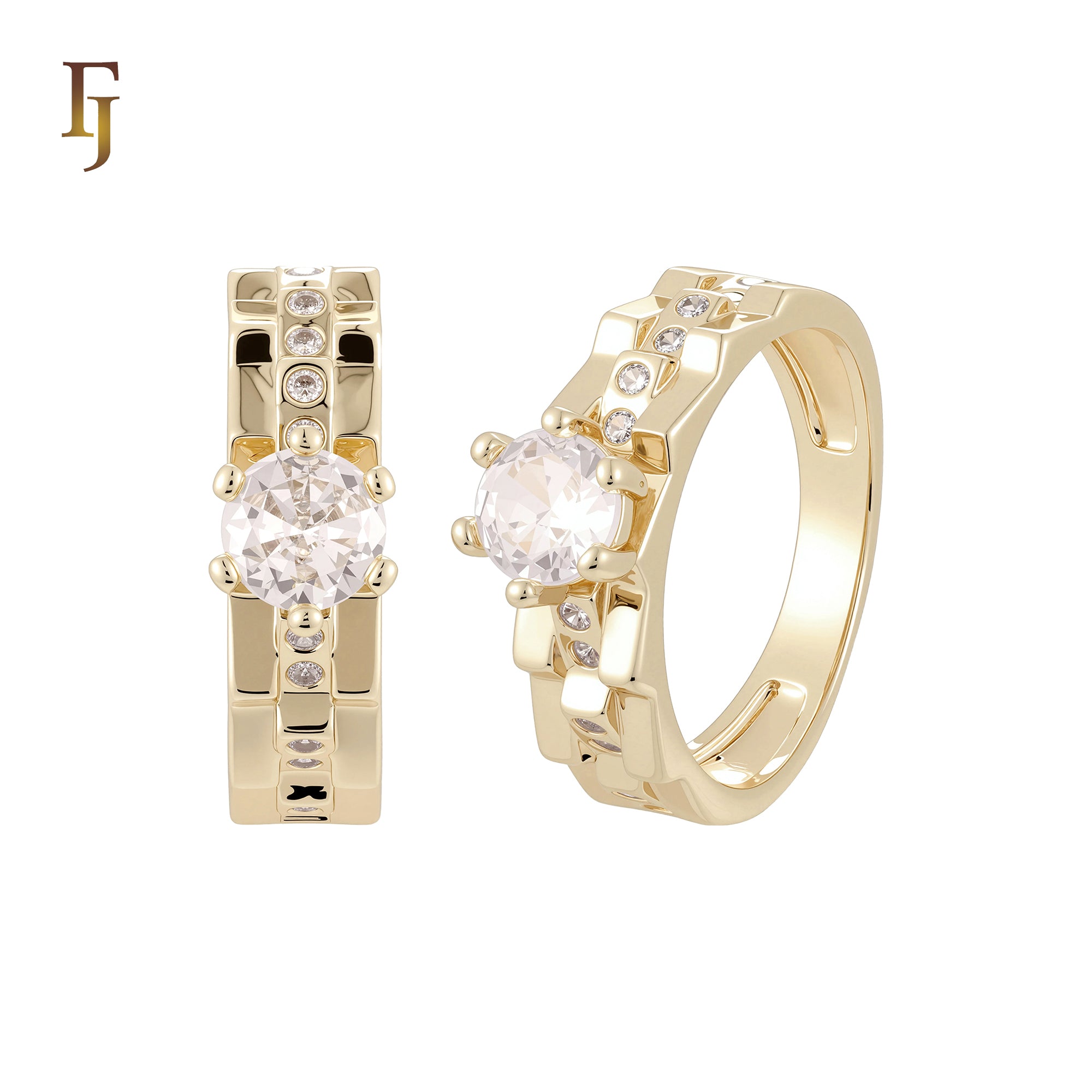 Double Tooth edged white CZs 14K Gold, Rose Gold Wedding Set Rings Engagement and Band