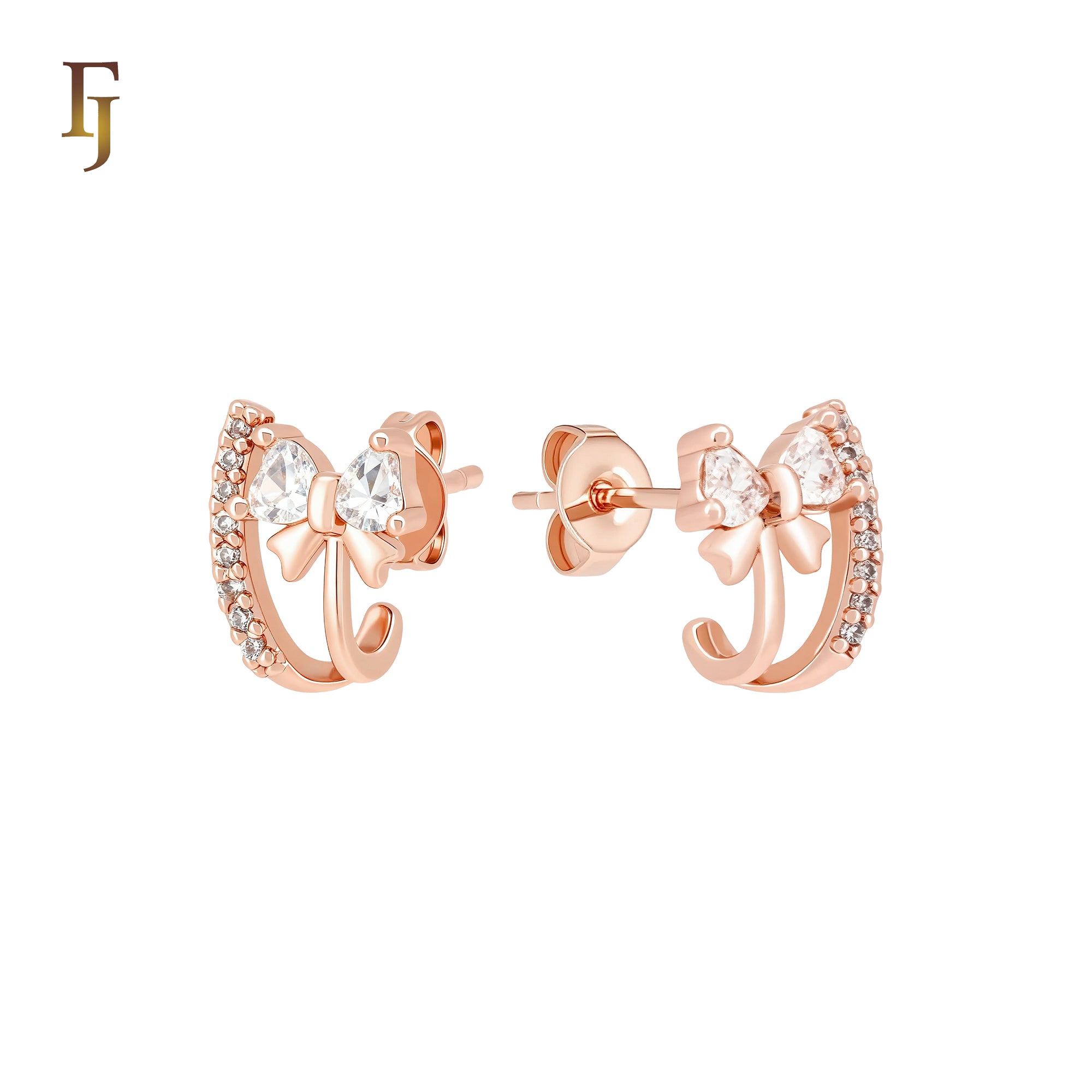 Ribbon Cravat Tie White CZ 14K Gold, Rose Gold Stud Earrings