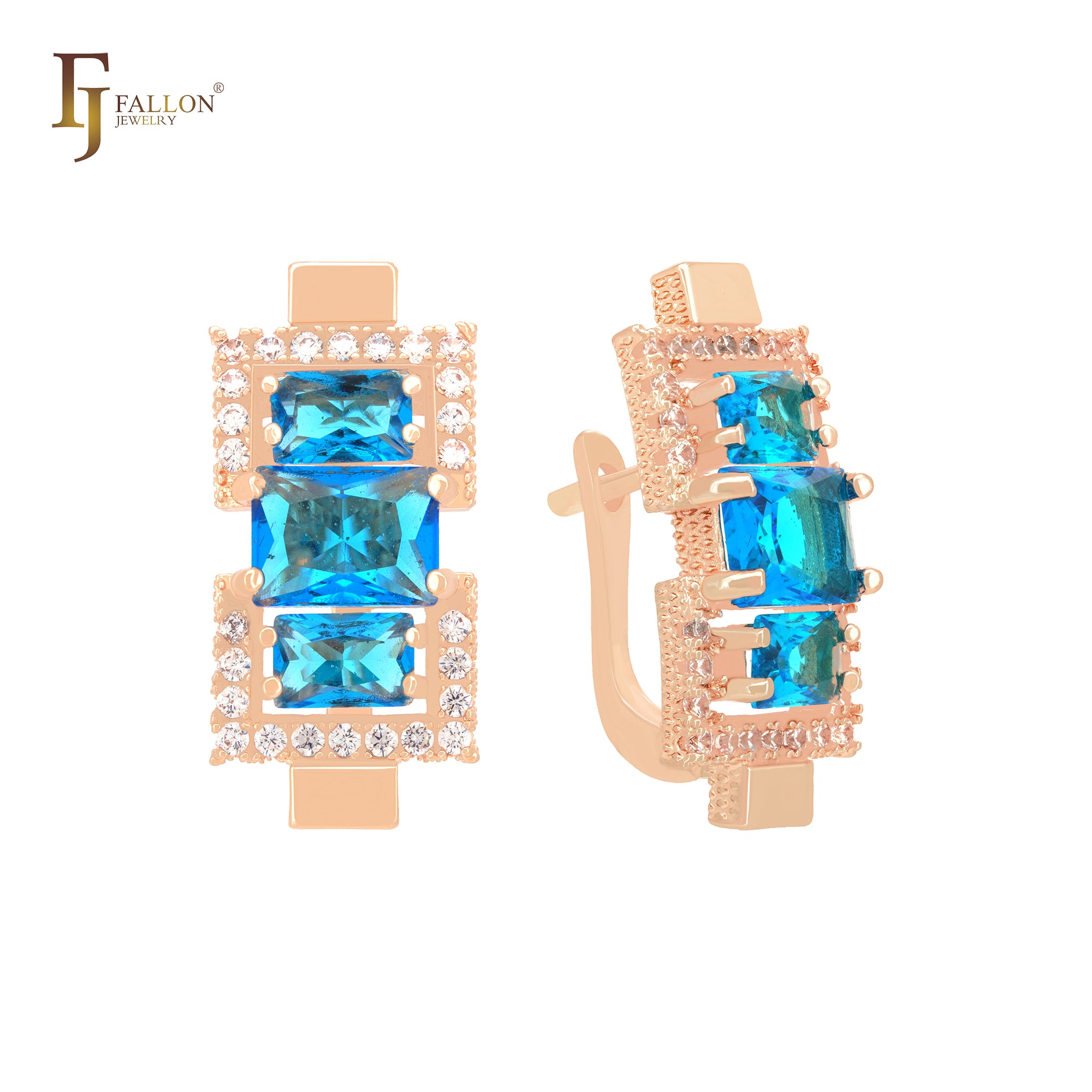 Pendientes de clip de oro rosa de 14 quilates con triple baguette y circonitas cúbicas en azul lago.
