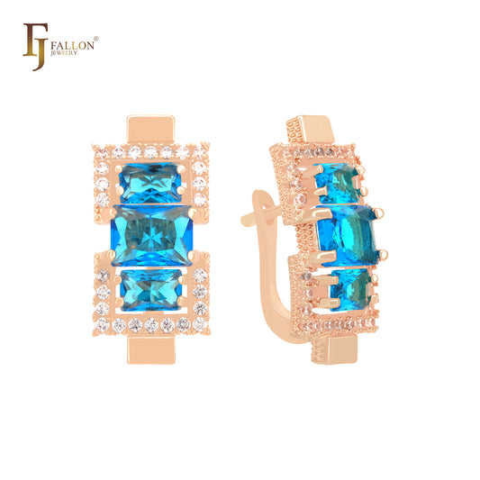 Pendientes de clip de oro rosa de 14 quilates con triple baguette y circonitas cúbicas en azul lago.