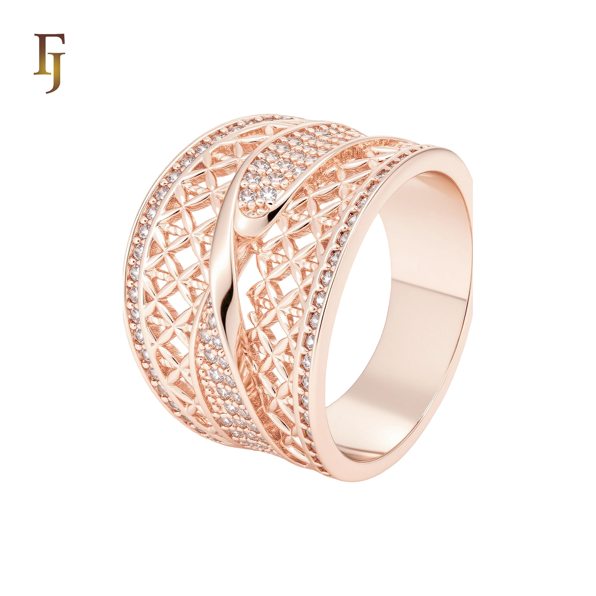 Cross paved white CZs filigree wide Rose Gold Fashion Rings