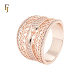 Cross paved white CZs filigree wide Rose Gold Fashion Rings