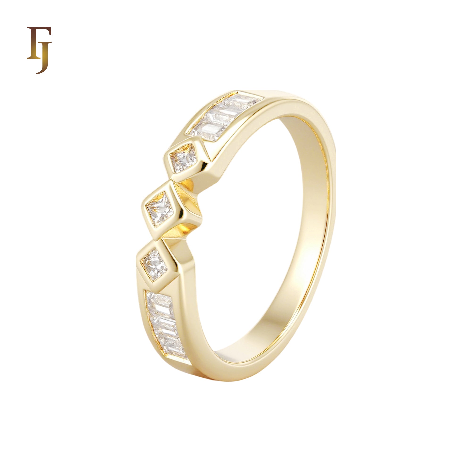 Triple white CZs Baguette 14K Gold Wedding Band Rings