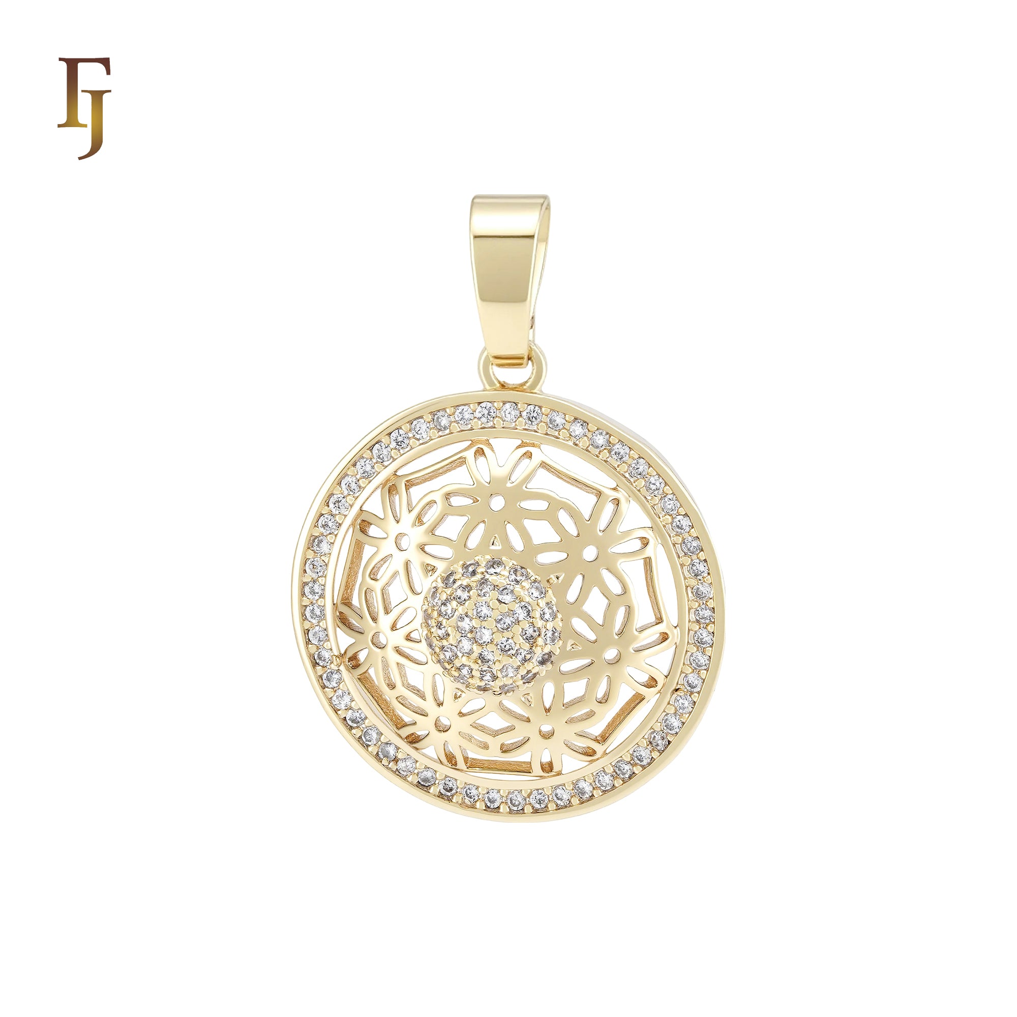 Halo white CZs filigeree circle 14K Gold Pendant