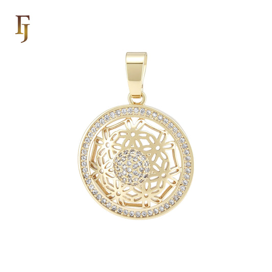 Halo white CZs filigeree circle 14K Gold Pendant