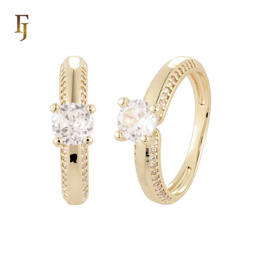 Rounded surrounded white CZs 14K Gold Wedding Set Rings Engagement and Band