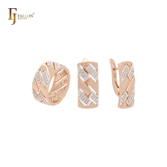 Conjunto de joyas geométricas de oro rosa en dos tonos con circonitas blancas y anillos