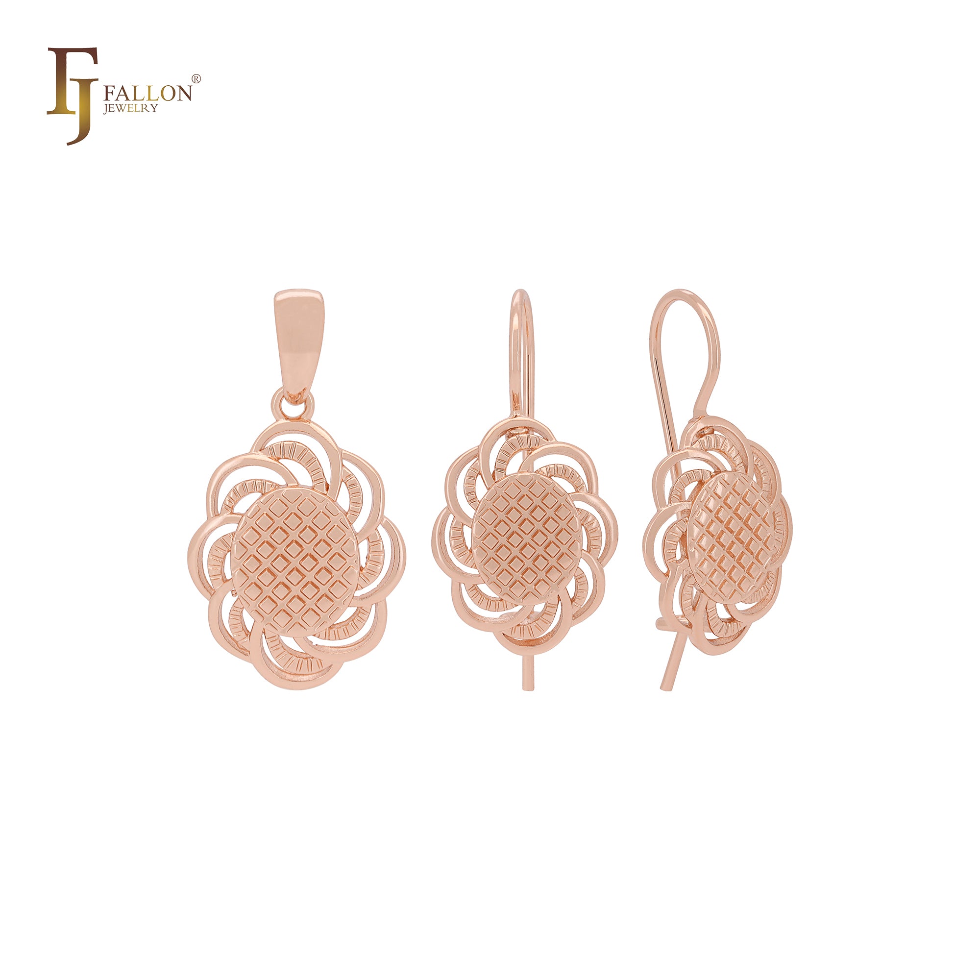 Conjunto de joyas de oro rosa con textura de flor de malla giratoria y colgante