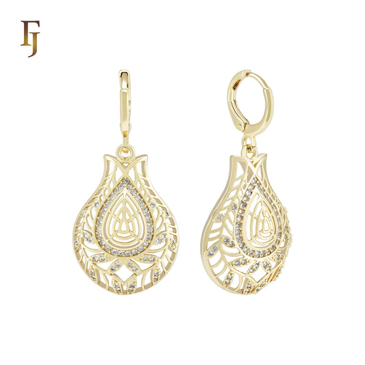 Rose flower filigree filigree of white CZs 14K Gold Huggie drop Earrings