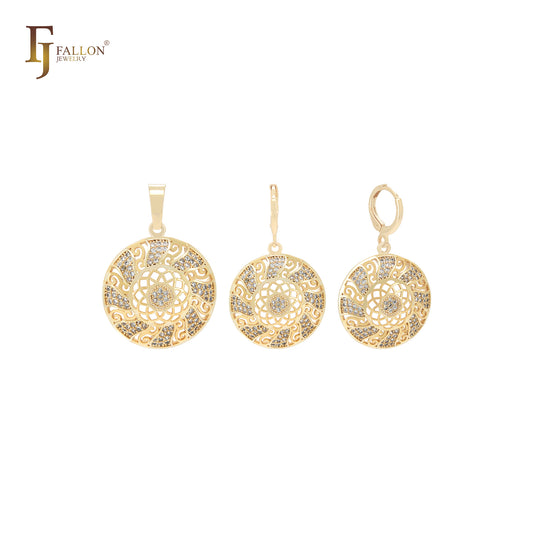 Conjunto de joyas de oro de 14 quilates con circonitas blancas redondeadas en forma de círculo y colgante