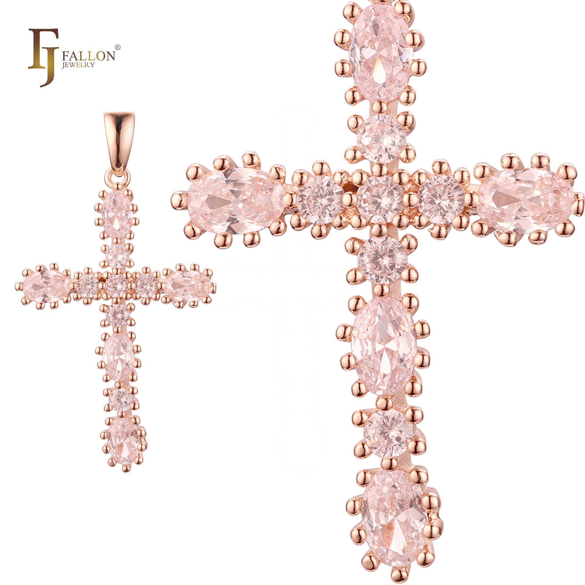 Big Radiant Cut Cluster white CZs Rose Gold, 14K Gold Latin Cross Pendant
