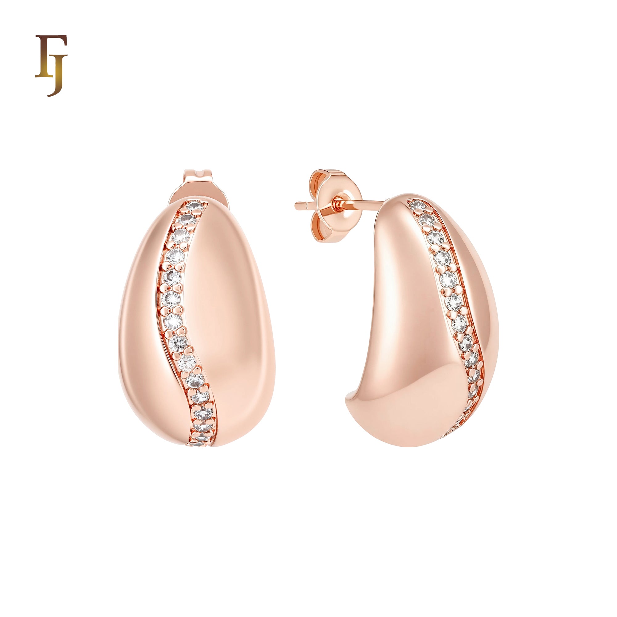 Curved white CZs paved peanut 14K Gold Stud Earrings