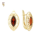 Greek Key meander 14K Gold Red Scarlet CZ Russian Lock Earrings