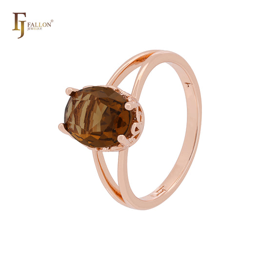 Clawed Solitaire Coffee CZ Oval Rose Gold Russian Lock Earrings