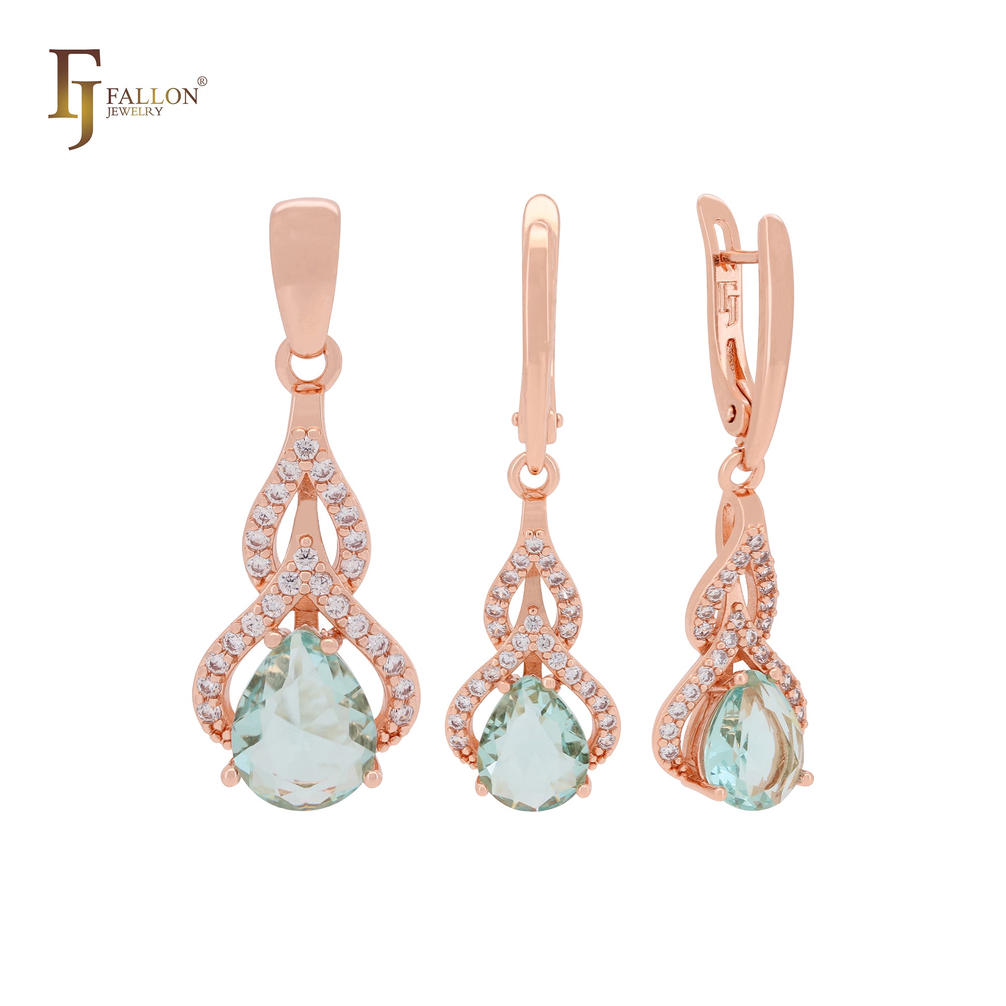 Conjunto de joyas de oro rosa con circonitas blancas pavimentadas y circonitas verde manzana en forma de lágrima solitaria con colgante