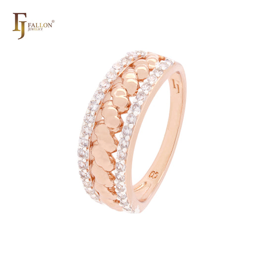 Anillos de moda en oro rosa de dos tonos con circonitas blancas geométricas y cacahuetes tensados