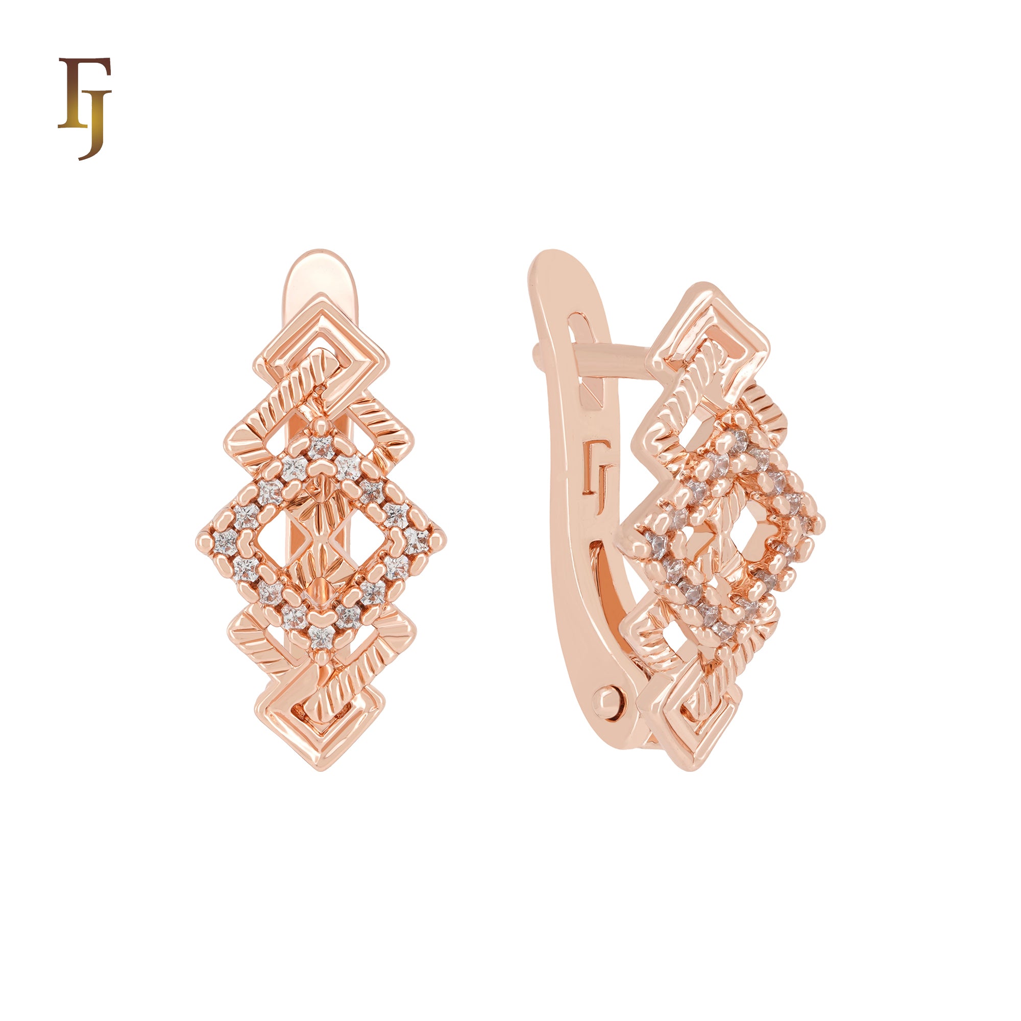 Textured Multi Rhombus linked Rose Gold Russian Lock Earrings