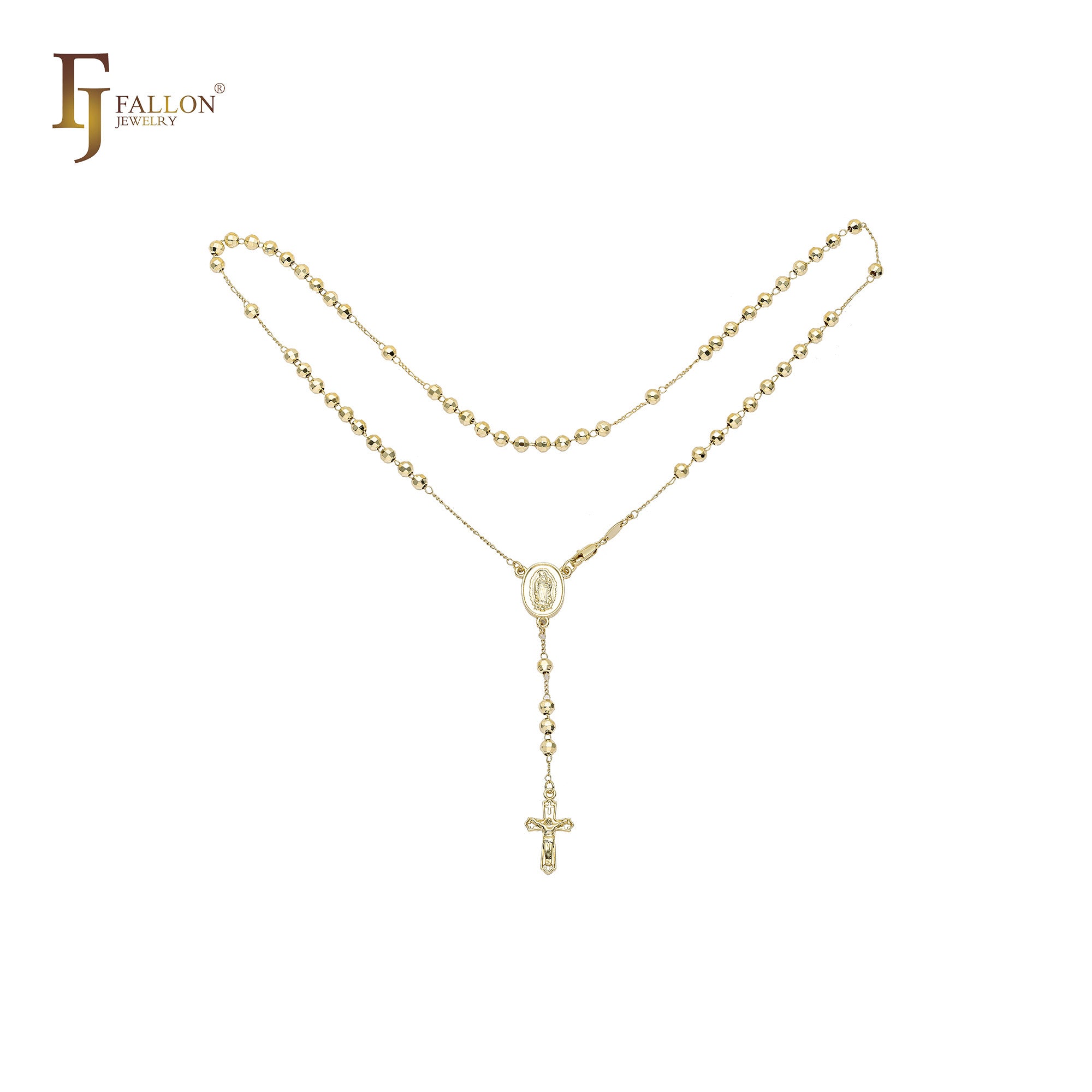 Italian Virgin of Guadalupe Catholic Rosary Necklace (Faceted Disco Beads) plated in 14K Gold, 14K Gold two tone