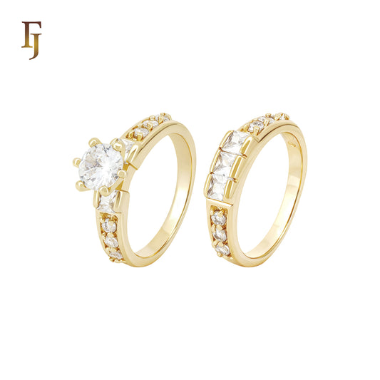 White CZs Baguette Rounded 14K Gold Wedding Set Engagement and Band Rings