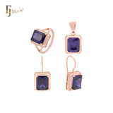 Conjunto completo de joyas de oro rosa 585 con solitario de circonita cúbica cuadrada roja grande, anillos y colgante
