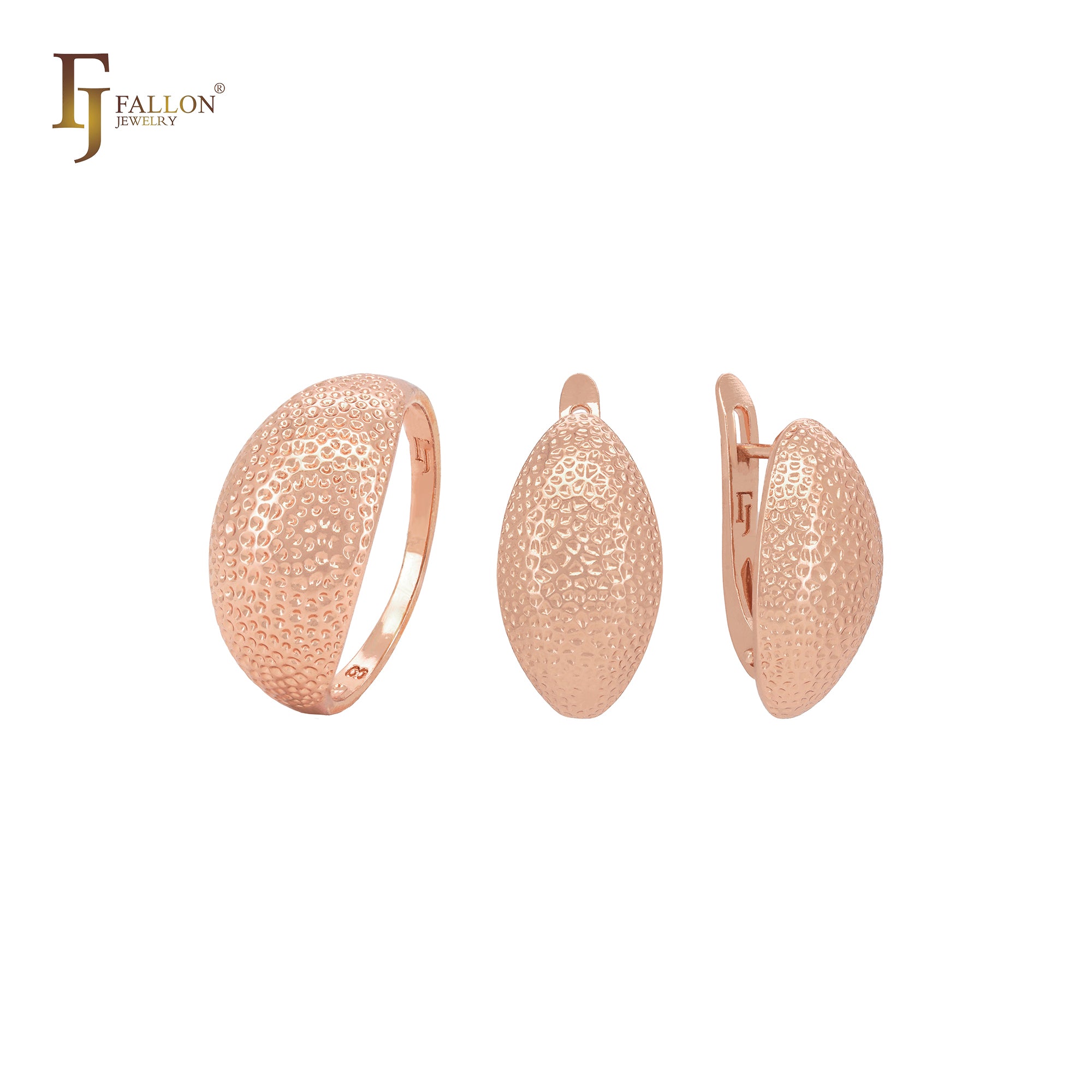 Conjunto de joyería de moda en oro rosa con textura de puntos redondeados ovalados y anillos