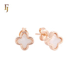 Rounded Clover shaped of Black or White Onyx 14K Gold, Rose Gold Stud Earrings