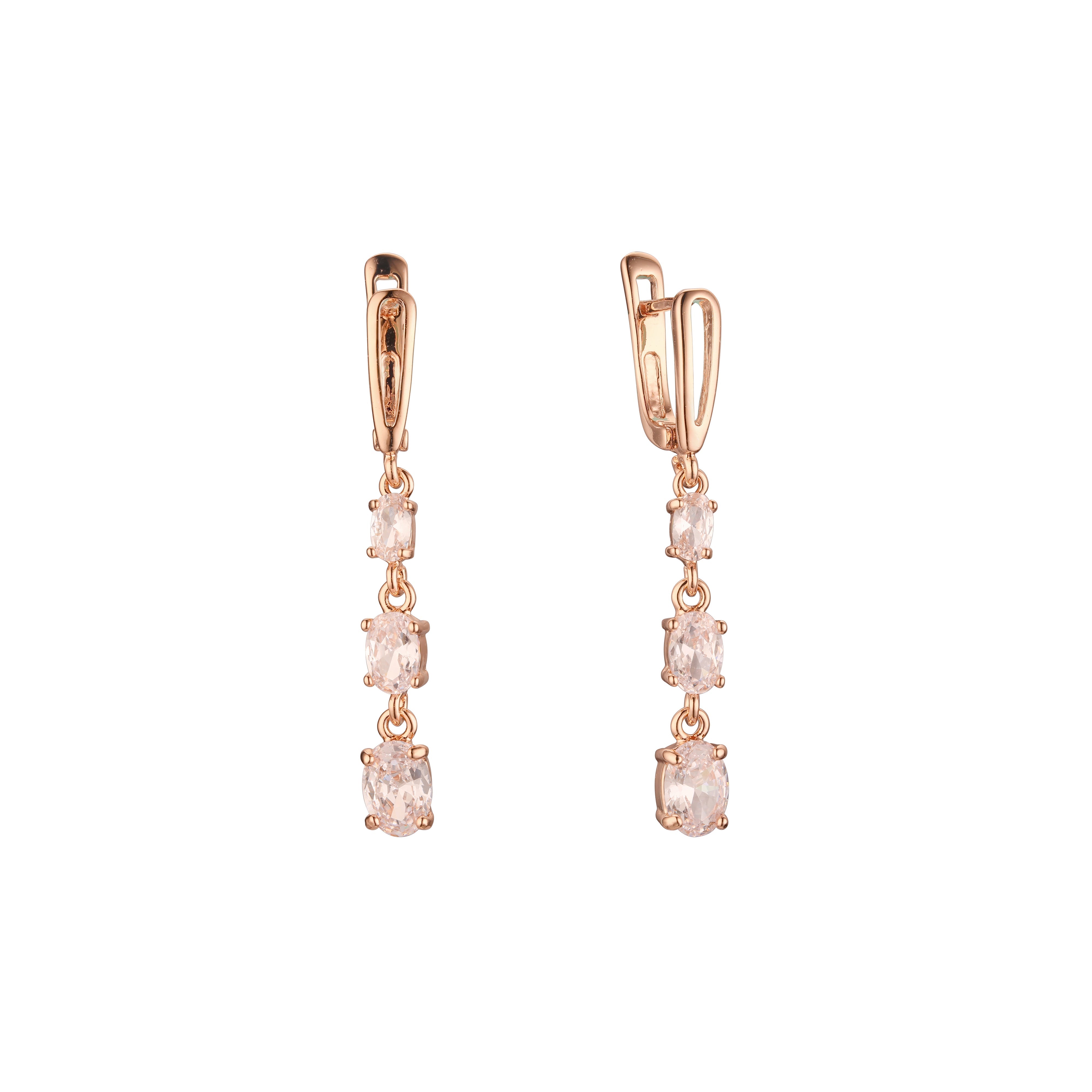 Aretes colgantes de tres piedras con circonitas de colores en Oro 14K, baño de oro rosa en colores