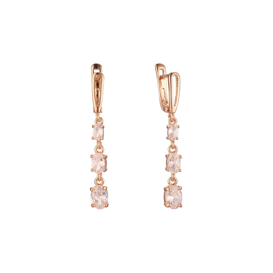 Aretes colgantes de tres piedras con circonitas de colores en Oro 14K, baño de oro rosa en colores