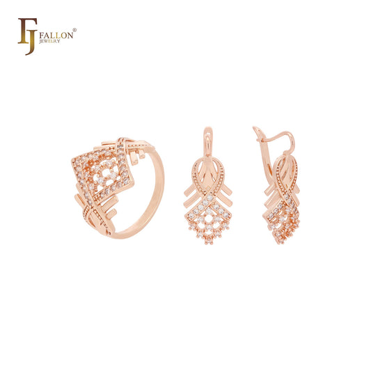 Elegante conjunto de joyas de oro rosa de 14 quilates con anillos y circonitas blancas en racimo