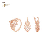 Elegante conjunto de joyas de oro rosa de 14 quilates con anillos y circonitas blancas en racimo