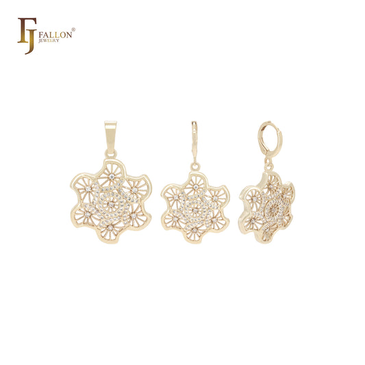 Conjunto de joyas de oro de 14 quilates con colgante y pétalos retorcidos de octágono con circonitas blancas Kleidoscope