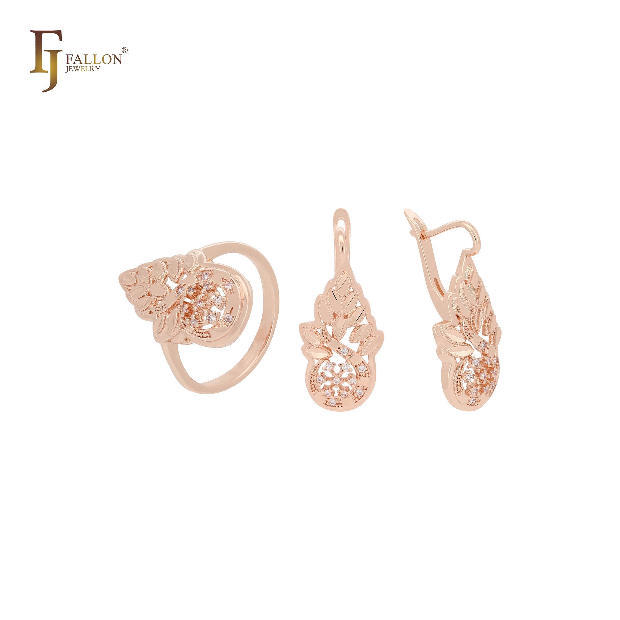 Conjunto de joyas de oro rosa de 14 quilates con circonitas blancas y anillos en forma de racimo de piña