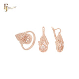 Conjunto de joyas de oro rosa de 14 quilates con circonitas blancas y anillos en forma de racimo de piña