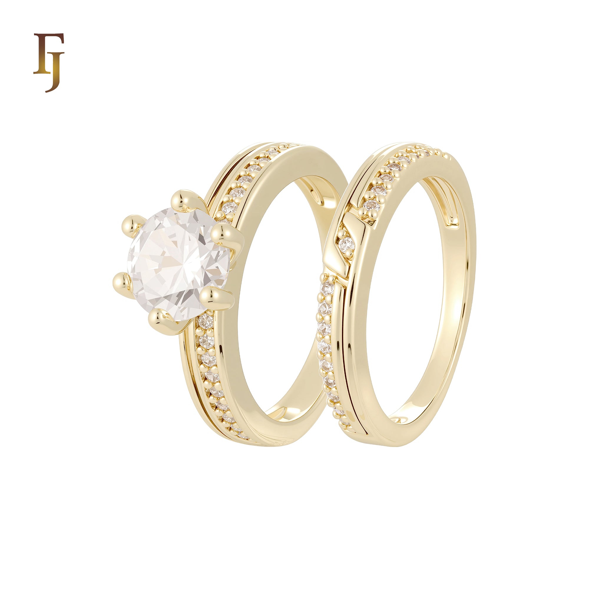 Solitaire white CZs band single paved white CZs 14K Gold, Rose Gold Wedding Set Rings