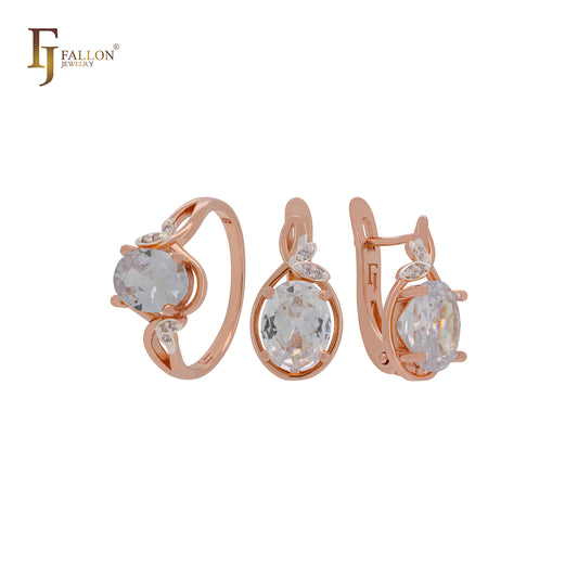 Conjunto de joyas en dos tonos de oro rosa con solitario de circonitas naranjas y hojas de circonitas blancas y anillos.