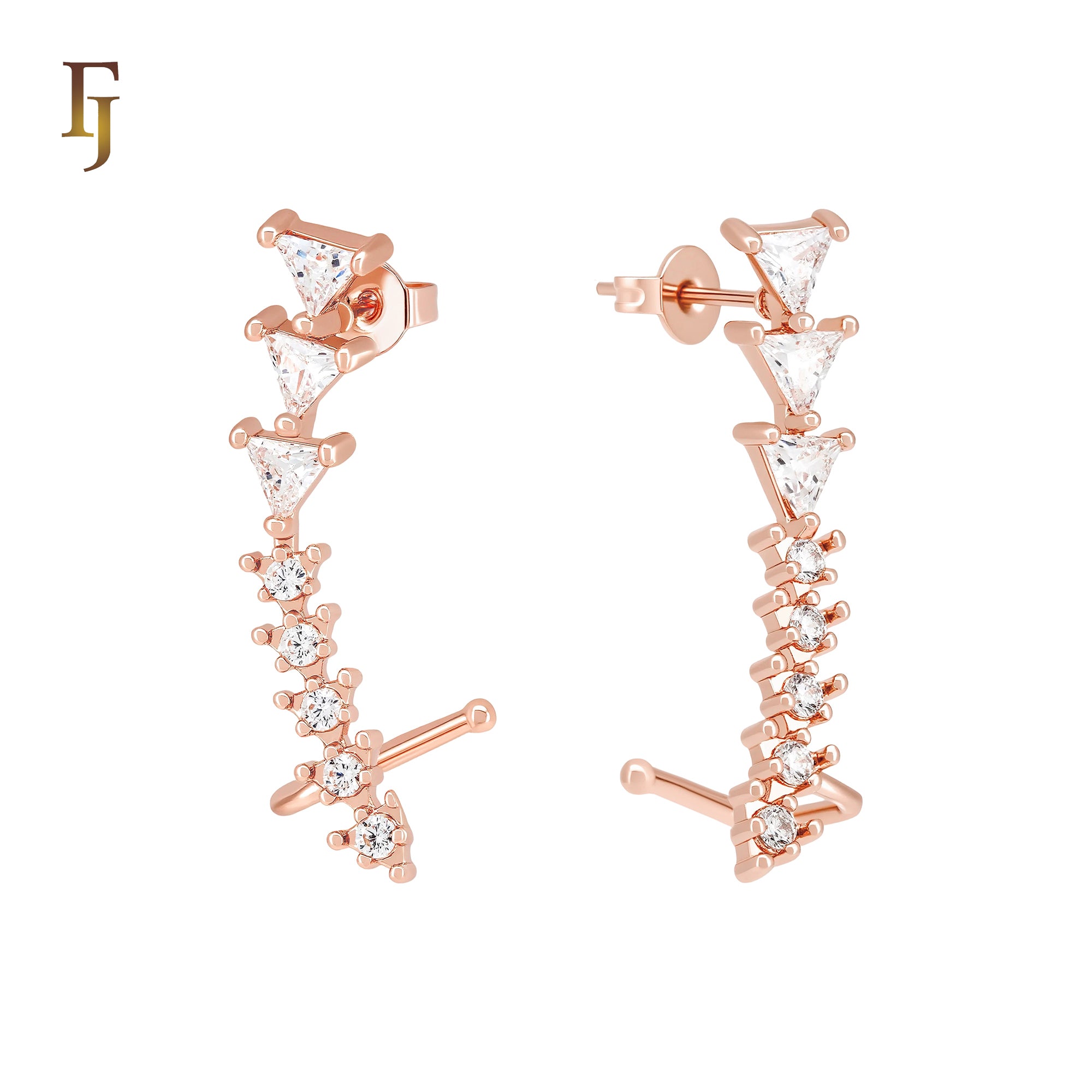 Cluster Triangular white CZs 14K Gold, Rose Gold Cuff Clip Stud Earrings
