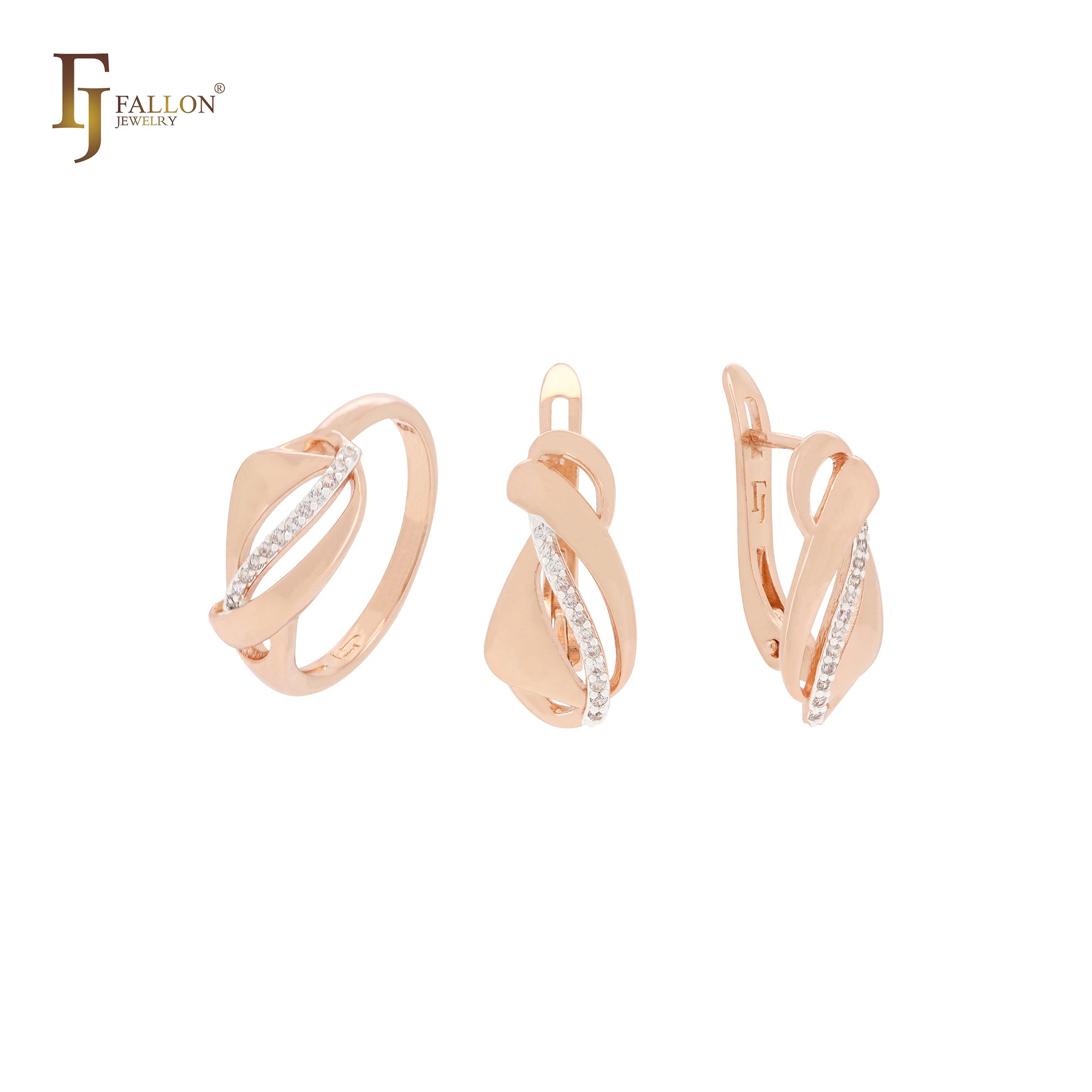 Elegante conjunto de joyas de oro rosa con anillos y cintas entrelazadas con circonitas blancas