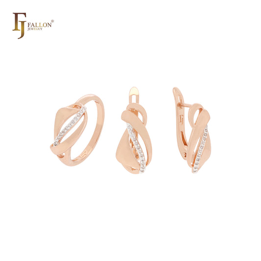 Elegante conjunto de joyas de oro rosa con anillos y cintas entrelazadas con circonitas blancas
