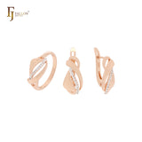 Elegante conjunto de joyas de oro rosa con anillos y cintas entrelazadas con circonitas blancas