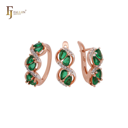 Conjunto de joyas de oro rosa con anillos, esmeralda en forma de pera y circonitas blancas