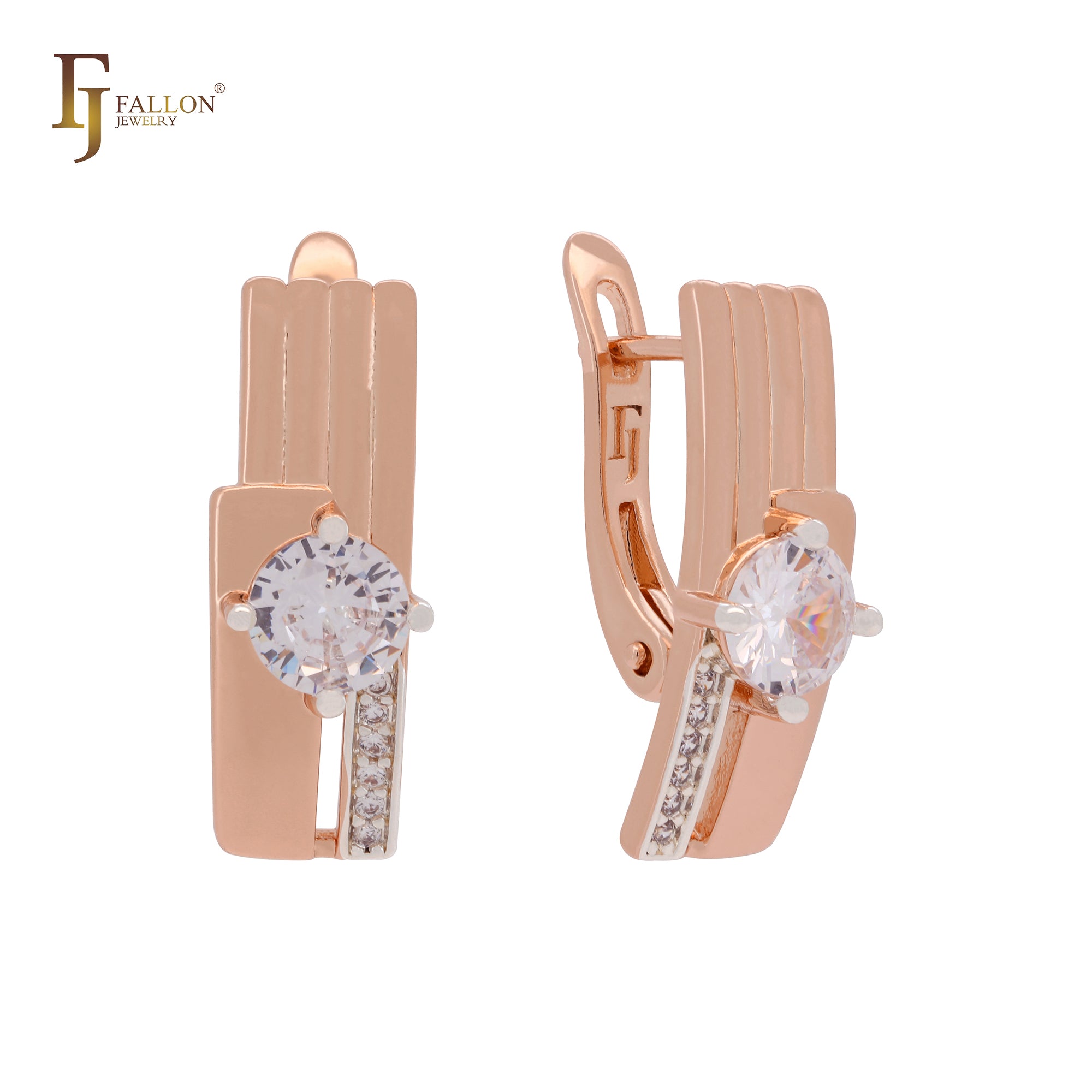Серьги-клипсы из розового золота двухцветные с круглыми белыми фианитами по бокам и белыми фианитами