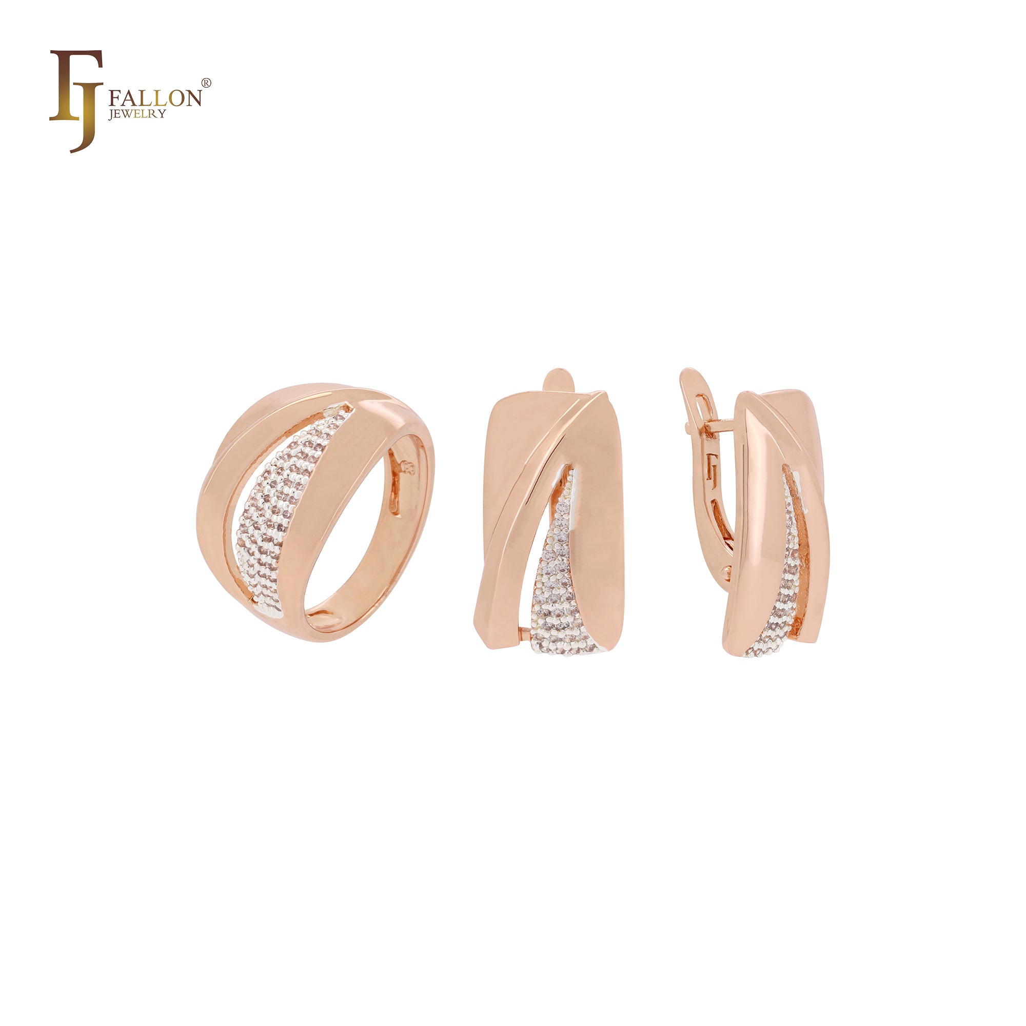 Conjunto de joyas en dos tonos de oro rosa con anillos y cinta de grandes circonitas blancas pavimentadas
