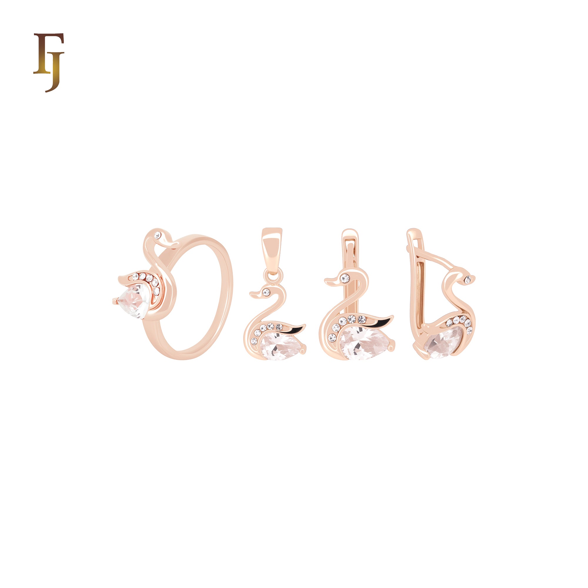 Elegant Goose Swan of white CZs Rose Gold Jewelry Set with Rings and Pendant