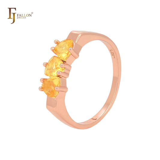Anillos de moda en oro rosa con circonitas triangulares, triple champán, naranja y amarillo
