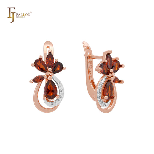 Pendientes de clip de oro rosa con flor en flor y circonitas rojas en racimo